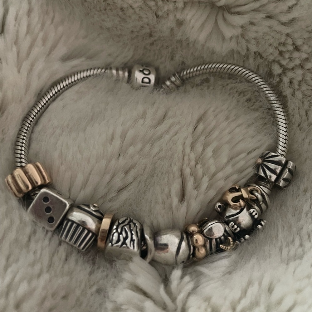 PANDORA Silver BRACELET with 11 Gold and SILVER  CHARMS !!!!!!